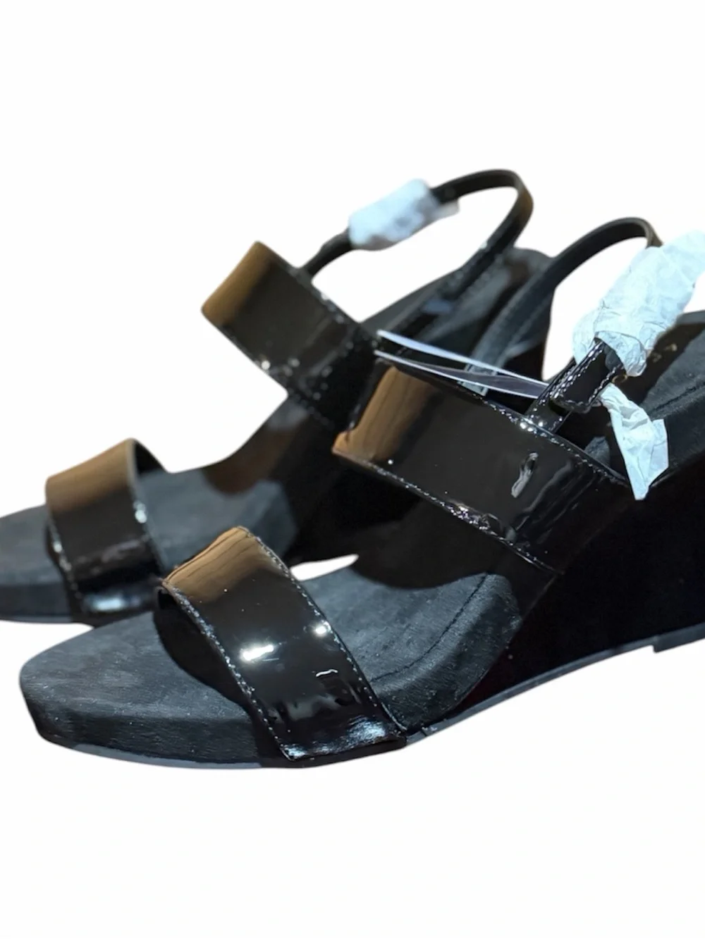 AEROSOLES Black Glossy Patent Two-Strap Slingback Wedge Sandals size 6.5 M - Picture 1 of 6